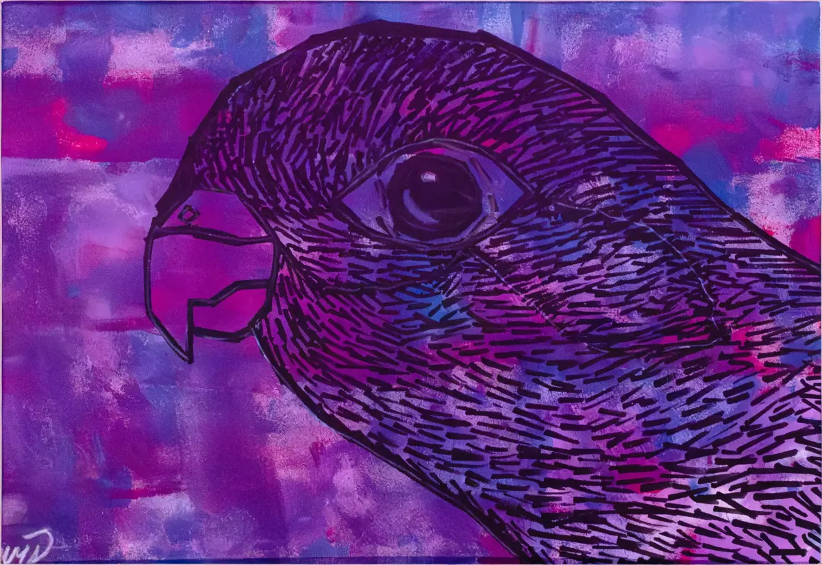 A bird rendered in layered purple and black lines against a vivid painted sky, by Luna